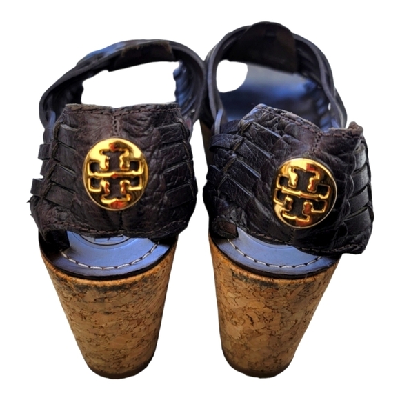 Tory Burch Lottie Woven Leather Huarache‎ Cork Wedge Sandals - Picture 4 of 11